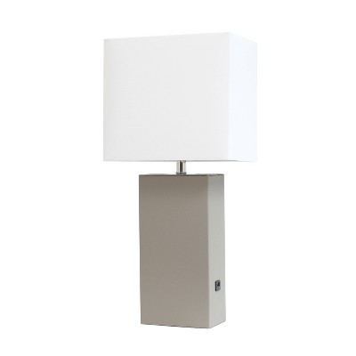 Leather Table Lamp with Fabric Shade Gray - Elegant Designs