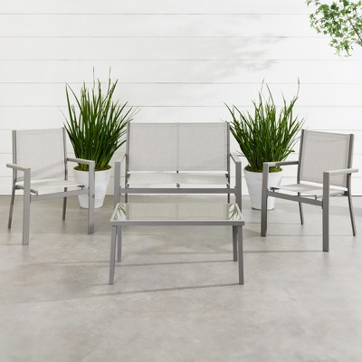 Gray Steel 4-Piece Patio Conversation Set with Armchairs and Coffee Table