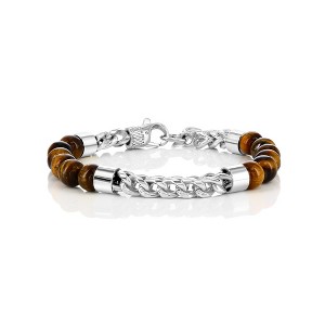 Metallo Mens Stainless Steel, 8mm Genuine Bead & Chain Bracelet - Tiger Eye - Brown - 9 Inch - 1 of 3