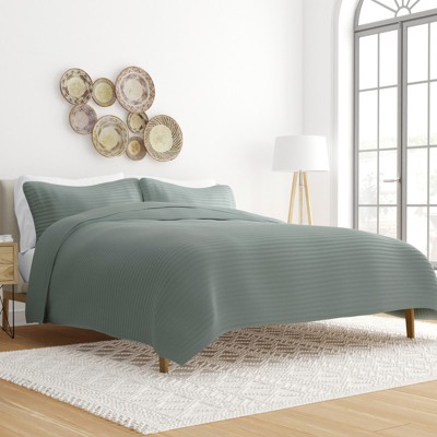 "Floral Stitch/ Natural" Stripes Floral and Diamonds Quilted Coverlet Set With Shams - Becky Cameron