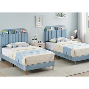 2 Piece Twin Bed Frame with Storage Headboard, Velvet Upholstered Platform Bedframe for Boy ,Strong Wooden Slats, Noise-Free, No Box Spring Needed - 1 of 4