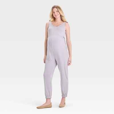 Knit Maternity Jumpsuit - Isabel Maternity by Ingrid & Isabel™ Gray L: Heavyweight Rayon-Spandex, V Neck, Sleeveless, Side Pocket