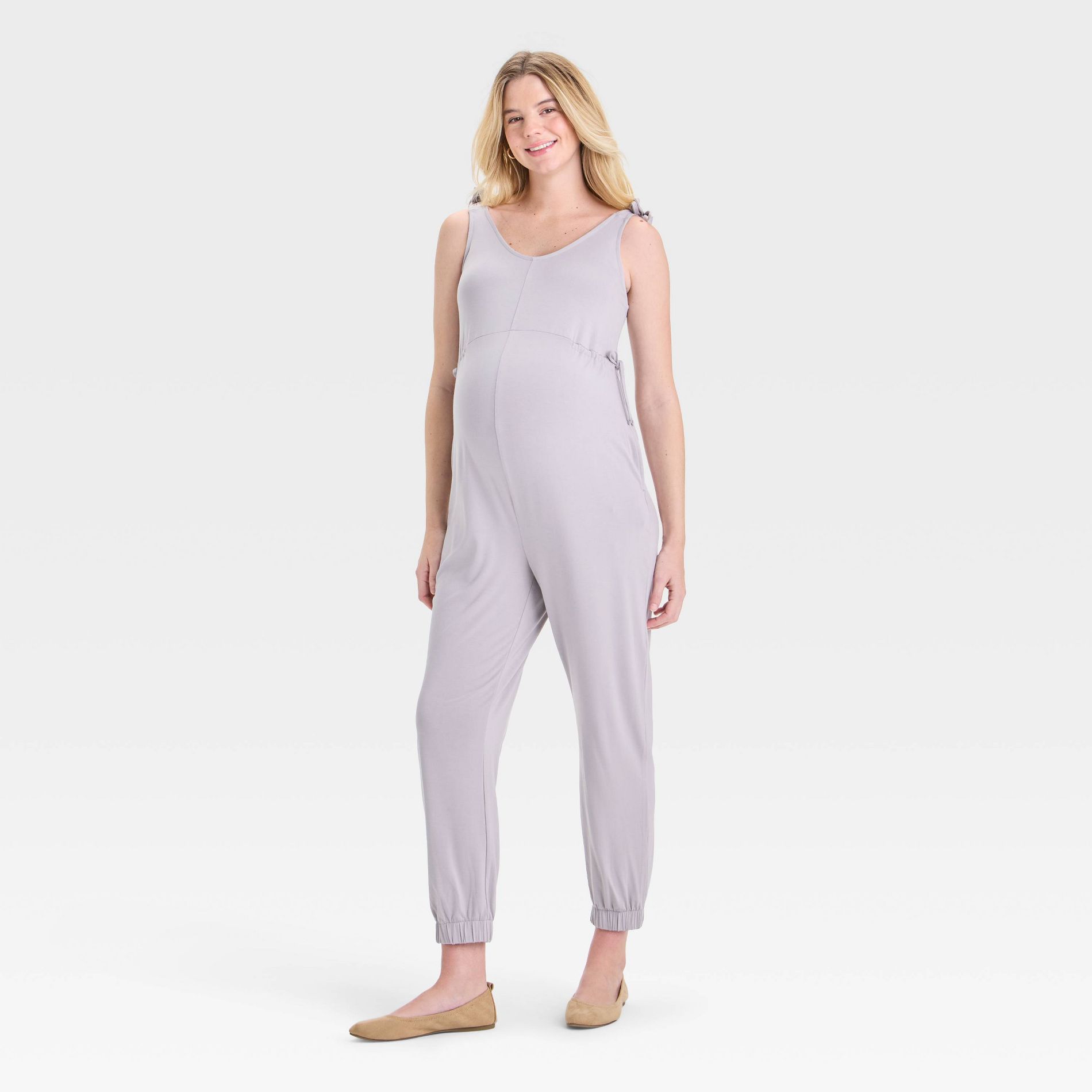 Knit Maternity Jumpsuit - Isabel Maternity by Ingrid & Isabel™ Gray XL: Heavyweight Rayon Spandex, V Neck, Sleeveless