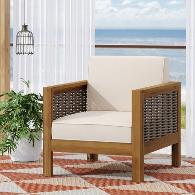 Chic Crate-Weatherproof Outdoor Acacia Wood Club Chair - Teak-Inspired Wicker Accents, UV Resistant Patio Lounge for Garden & Balcony (Brown & Beige)