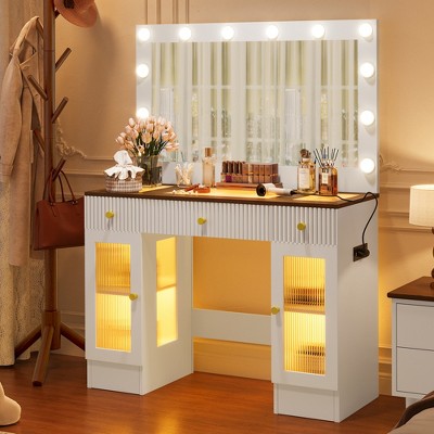 Whisen 43.3" Makeup Vanity with Large Mirror, Hollywood Bulbs & 3 Lighting Modes - Glass Top with Drawers, Power Outlet & RGB Cabinets