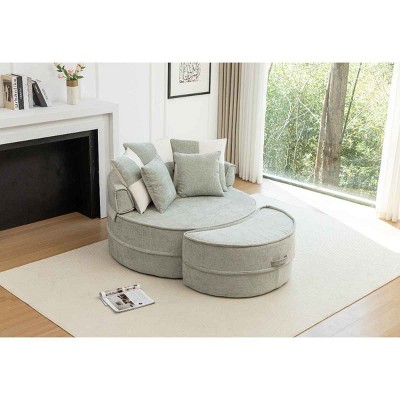 Oversized Barrel Chair with Ottoman for Living Room, Round Lounge Armchair with 5 Pillows, Soft Chenille Cushion Seat Sofa-Coolbibila