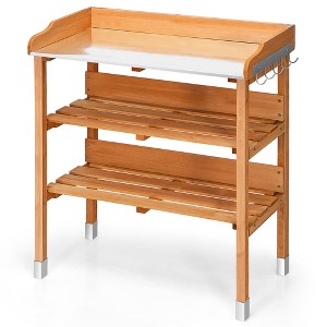 Costway Garden Wooden Potting Bench Work Station Table Tool Storage Shelf W/Hook - 1 of 4