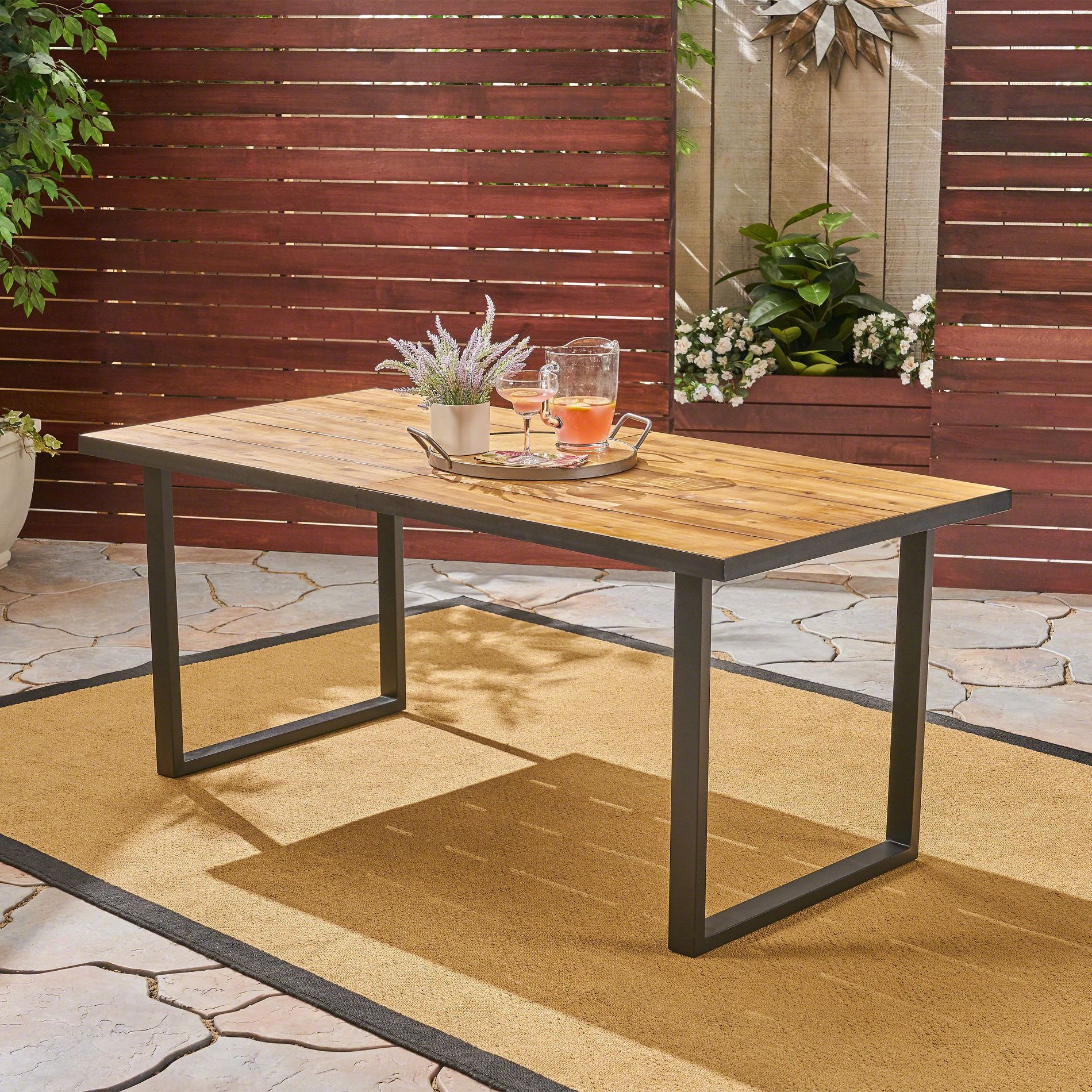 CAVINAS 70.25 Inch Rectangle Patio Table,Outdoor Dining Table with Acacia Wood Tabletop and Metal Legs for Porch Backyard Balcony,Teak