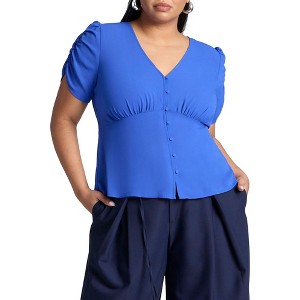 ELOQUII Women's Plus Size Shirred Sleeve Top With Buttons - 1 of 4