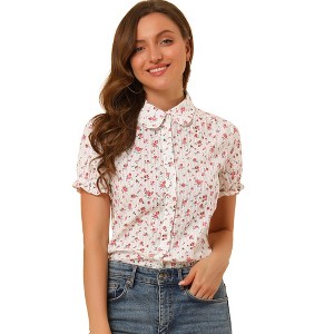 INSPIRE CHIC Women's Peter Pan Frilled Short Sleeve Floral Cotton Top - 1 of 4