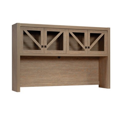 Sauder Dixon City Large Hutch Top Brushed Oak: Contemporary Country, Glass Doors, Cord Management