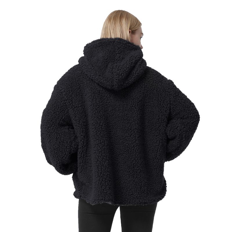 Tirrinia Black Fleece Hooded Jacket Coat for Women, Super Soft Comfy Foxy Plush Reversible Casual Winter Blanket Jackets Hoodie, 2 of 8
