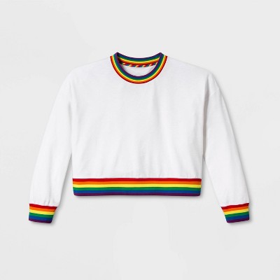 white hoodie with rainbow stripes