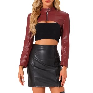 INSPIRE CHIC Women's Faux Leather Cropped Stand Collar Zipper Front Moto Biker Long Sleeve Jacket - 1 of 4
