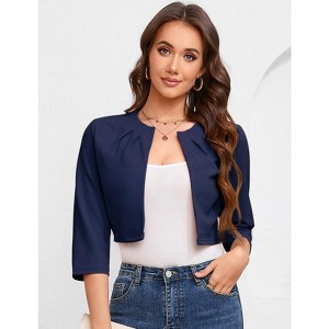 Womens Casual Business Cropped Blazer Jacket 3/4 Sleeve Collarless Open Front Cardigan Work Shrug - 1 of 4