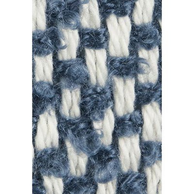 Ivory and Blue Knitted Acrylic Throw Blanket with Tassels