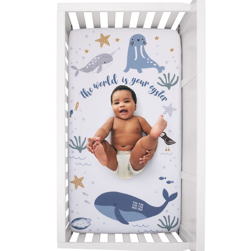 NoJo Arctic Adventure Light Blue, White, and Navy Whales, Narwhal, and Walrus "The World is your Oyster" 100% Cotton Photo Op Fitted Crib Sheet, 4 of 6