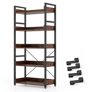 Gymax 1/2PC 5-Tier Storage Rack w/ Hooks Open Shelves Rustic Wood Grain ...