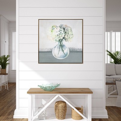Hydrangea in Vase Watercolor Print on Gold Framed Canvas