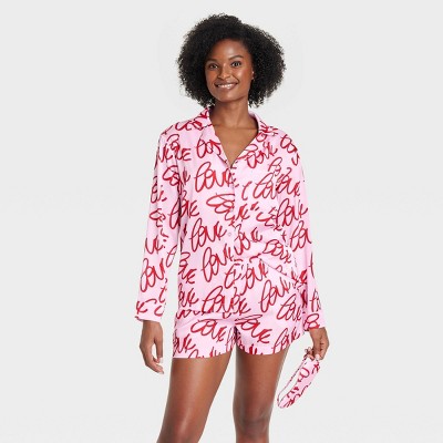 Women's 3pc Satin Long Sleeve Top and Shorts Pajama Set with Eye Mask - Auden™ Pink/Love S