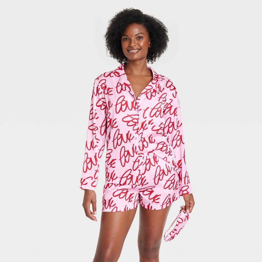 Women's 3pc Satin Long Sleeve Top and Shorts Pajama Set with Eye Mask - Auden™ Pink/Love XL