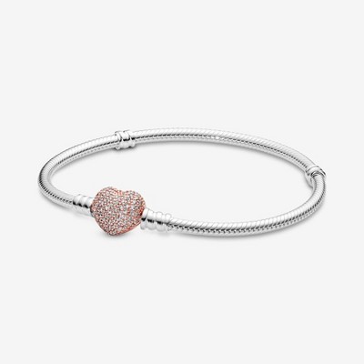 Pandora Moments 7.5'' Sterling silver and 14k Rose gold-plated Pav Heart Clasp Snake Chain Bracelet