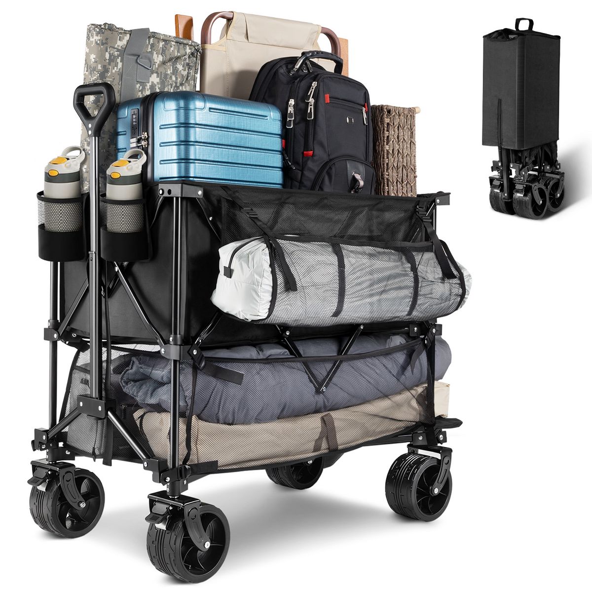 Heavy Duty Double Decker Collapsible Folding Wagon 360 Wheels 450 lbs Extra Storage