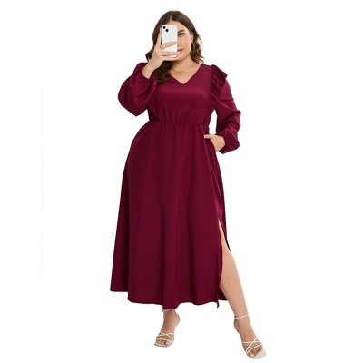 Garvee Women's Plus Size Fall Dress with Pocket Ruffle Cap Long Sleeves V Neck Side Split Long Maxi Dress