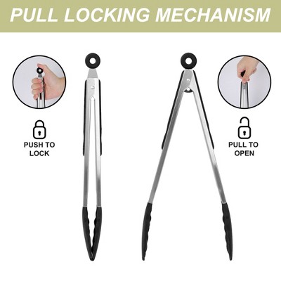 Black Stainless Steel and Silicone Kitchen Tongs Set, 3-Piece