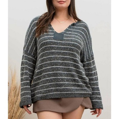 Women's Striped Knit Speckled Sweater - Plus - Blu Pepper