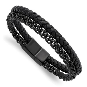 Black Bow Jewelry Black Plated Stainless Steel & Black Leather Strand Bracelet, 8.5 Inch - 1 of 4