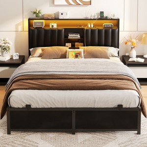 Aheaplus Platform Beds with Upholstered Headboard, Charge Station, and LED Lights - 1 of 4