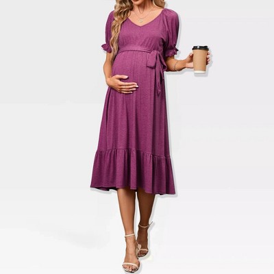 Womens Maternity Dress V Neck Short Sleeve Tie Waist Adjustable Belted Dress with Ruffled Hem,Wine Purple - XL