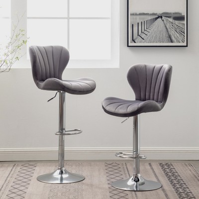 Swivel Counter Barstools Set of 2, Adjustable Bar Stool Upholstered Seating Metal Frame for Kitchen, Pub, Gray
