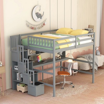 NicBex Full Size Loft Bed with Built-In Desk & Storage Stairs,Spacious Wooden Bunk Bed with Bookshelf & Workstation,High Loft Bed for Kids,Teens