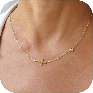 Layered Sideways Cross Necklace 14K Gold Plated Dainty Choker for Women - 1 of 4