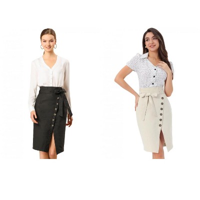 INSPIRE CHIC Women's Vintage Button Decor Belted Split Front Knee Length Pencil Skirt 2 Packs