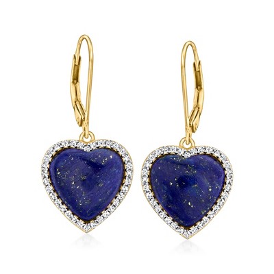 Ross-Simons Lapis Heart Drop Earrings With .70 ct. t.w. White Zircon in 18kt Gold Over Sterling