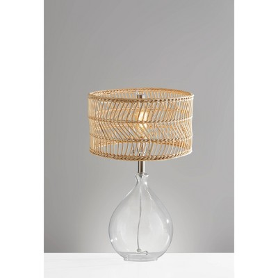 Teardrop Clear Glass and Brushed Steel Table Lamp with Rattan Shade