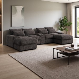 Flannel Velvet U-Shaped Sectional Sofa with Recliner & USB Ports - 1 of 4