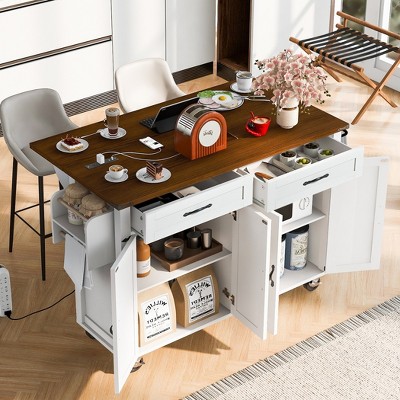 Rolling Kitchen Island, with Spice Rack, Towel Rack, Open Side Racks, Power Outlet and Storage Drawers, Multiple Design Styles and Color Combinations