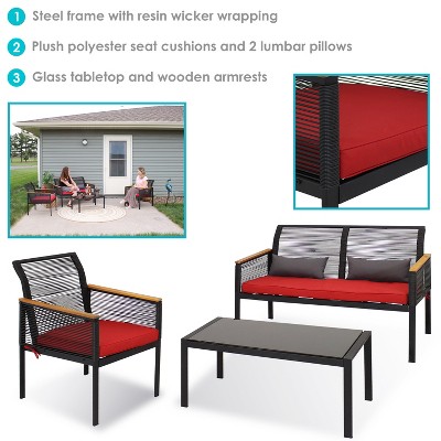Coachford 4-Piece Resin Rattan Outdoor Patio Set with Red Cushions