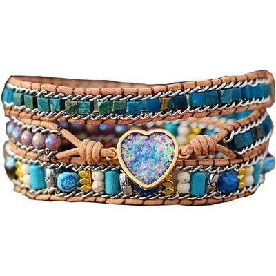 Women's Wrap Bracelet with Natural Jasper Crystal Stone Beads, Bohemian Leather Strand Bracelet