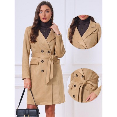 INSPIRE CHIC Women's Faux Suede Trench Notched Lapel Double Breasted Mid-Long Overcoat Fall Winter with Belt Medium Khaki — фото 2