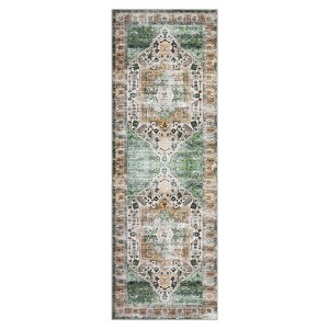 2'x6' Washable Floral Living Room Rugs, Distressed Chenille Non Slip Bedroom Carpet, Retro Accent Large Throw Rugs for Dining Room Kitchen, Green - 1 of 4