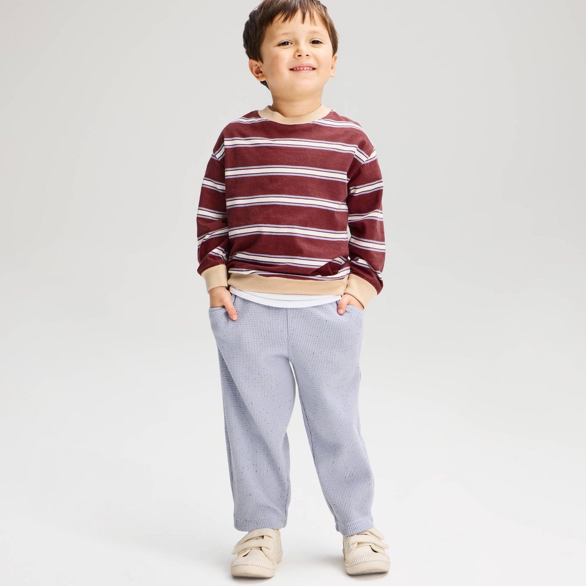 Toddler Boys' Striped Crewneck with Waffle Nep Jogger Top and Bottom Set - Cat & Jack™ Burgundy