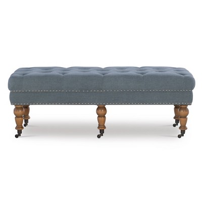62" Washed Blue Linen Upholstered Traditional Bench