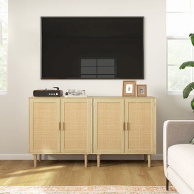 Natural Oak Bohemian Sideboard with Rattan Doors and Shelves