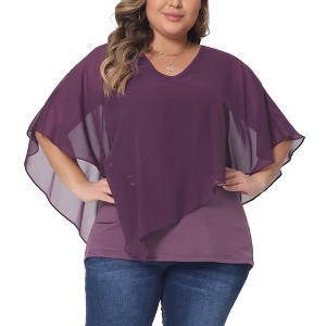 Agnes Orinda Women's Plus Size V Neck Short Sleeve Flowy Double Layered Irregular Chiffon Blouses - 1 of 4