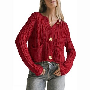 Coolmee Womens Cropped Cardigan Sweaters Chunky Knit Button Down Open Front Cardigan Long Sleeve Loose Cardigan Outerwear - 1 of 4
